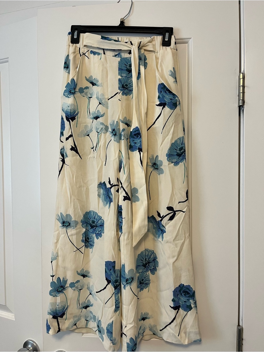 Aritzia Cream Wide-Leg Pants with Blue Floral Print